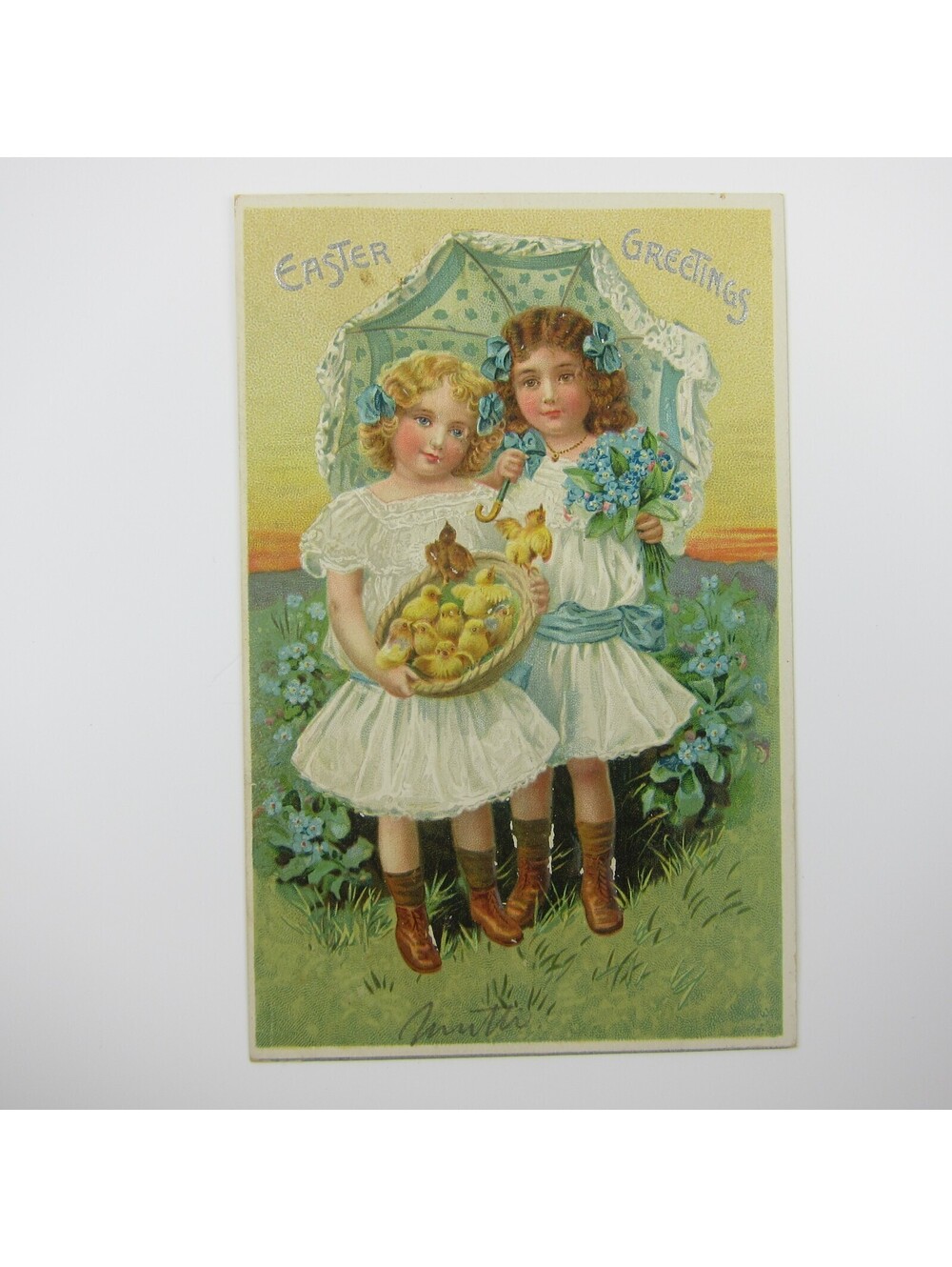 Easter Postcard Two Girls Hold Basket of Yellow Chicks Tuck Embossed Antique